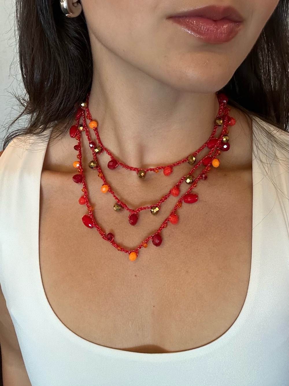 Layered Red Beaded Necklace with Orange Accents